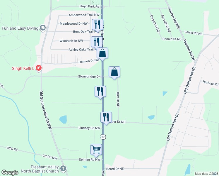 map of restaurants, bars, coffee shops, grocery stores, and more near 3858 Martha Berry Highway in Rome