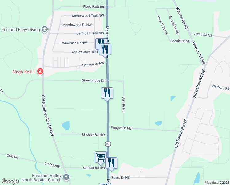 map of restaurants, bars, coffee shops, grocery stores, and more near 3858 Martha Berry Highway in Rome