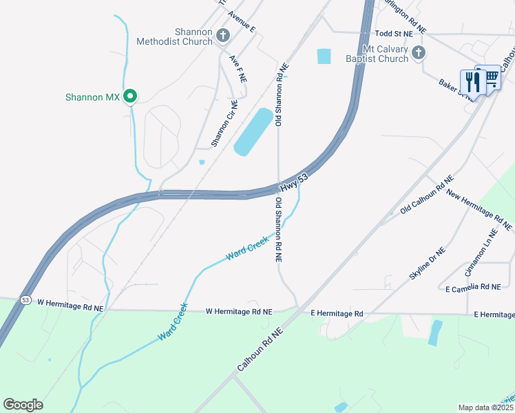 map of restaurants, bars, coffee shops, grocery stores, and more near 195 Old Shannon Road Northeast in Rome