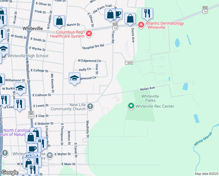 map of restaurants, bars, coffee shops, grocery stores, and more near 220 Tram Road in Whiteville