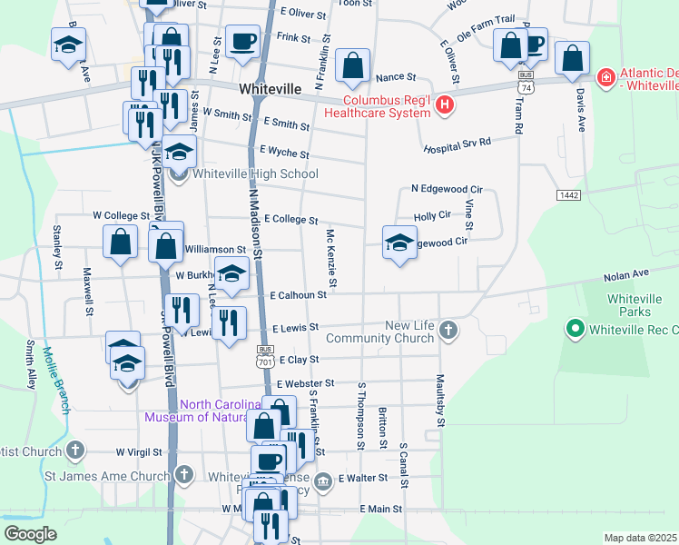 map of restaurants, bars, coffee shops, grocery stores, and more near 210 Mc Kenzie Street in Whiteville