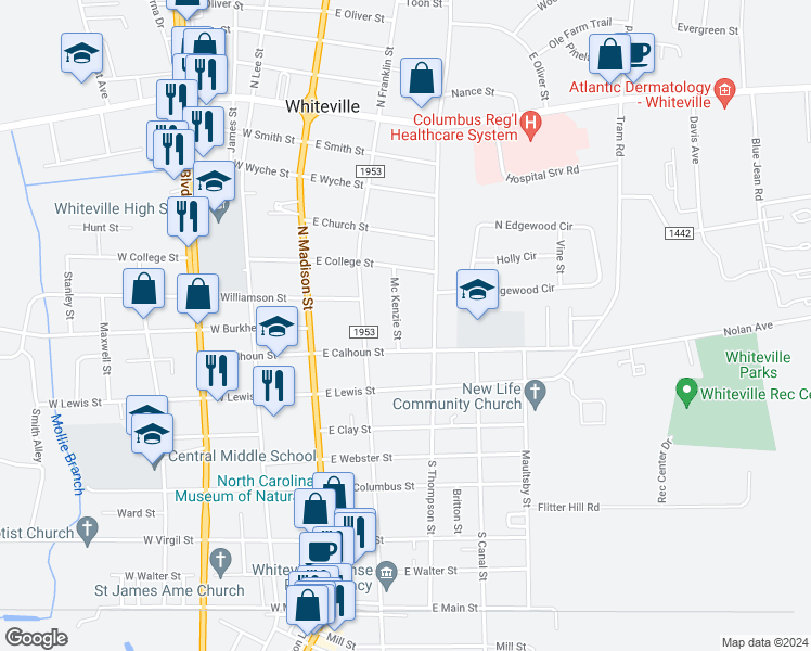 map of restaurants, bars, coffee shops, grocery stores, and more near 210 Mc Kenzie Street in Whiteville