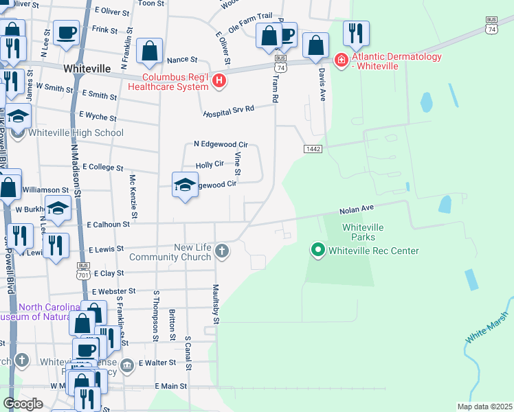 map of restaurants, bars, coffee shops, grocery stores, and more near 508 Crayton Street in Whiteville