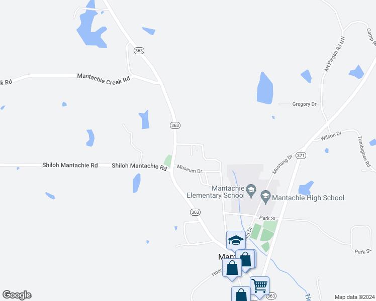 map of restaurants, bars, coffee shops, grocery stores, and more near 317 Tishtontee Drive in Mantachie