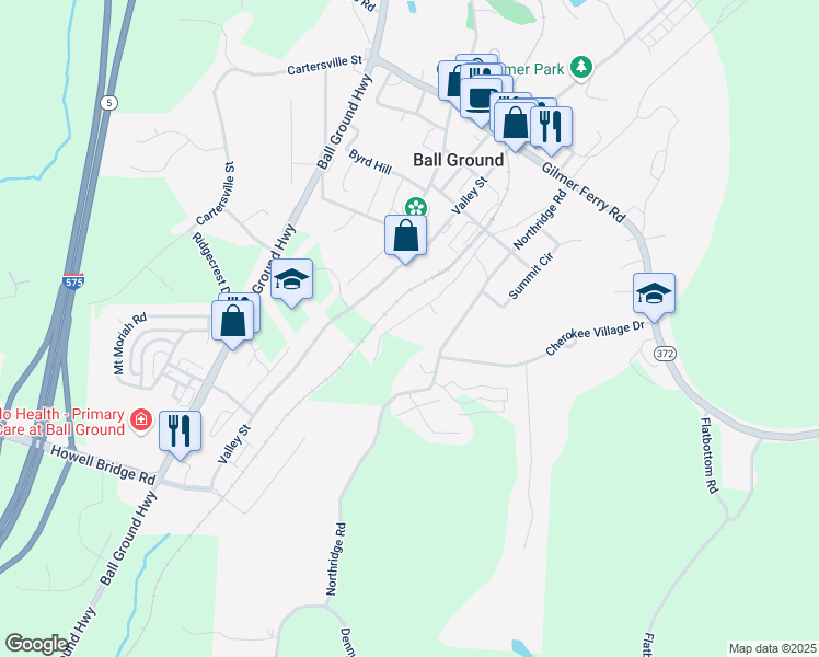 map of restaurants, bars, coffee shops, grocery stores, and more near 286 Lowry Street in Ball Ground