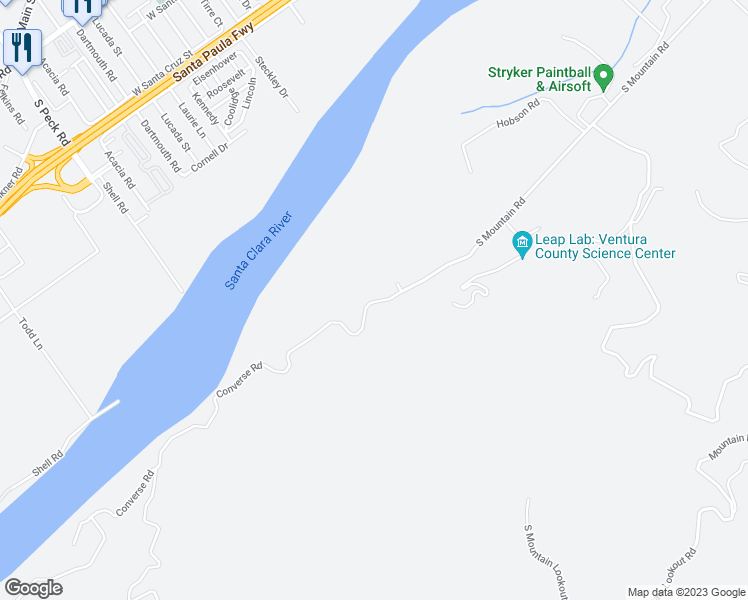 map of restaurants, bars, coffee shops, grocery stores, and more near 15900 South Mountain Road in Santa Paula