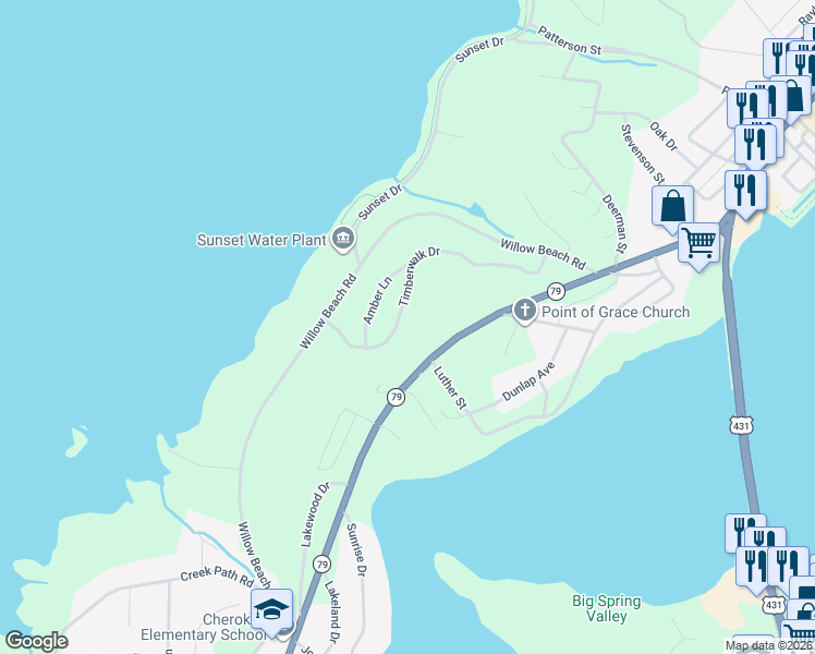 map of restaurants, bars, coffee shops, grocery stores, and more near 1483 Timberwalk Drive in Guntersville