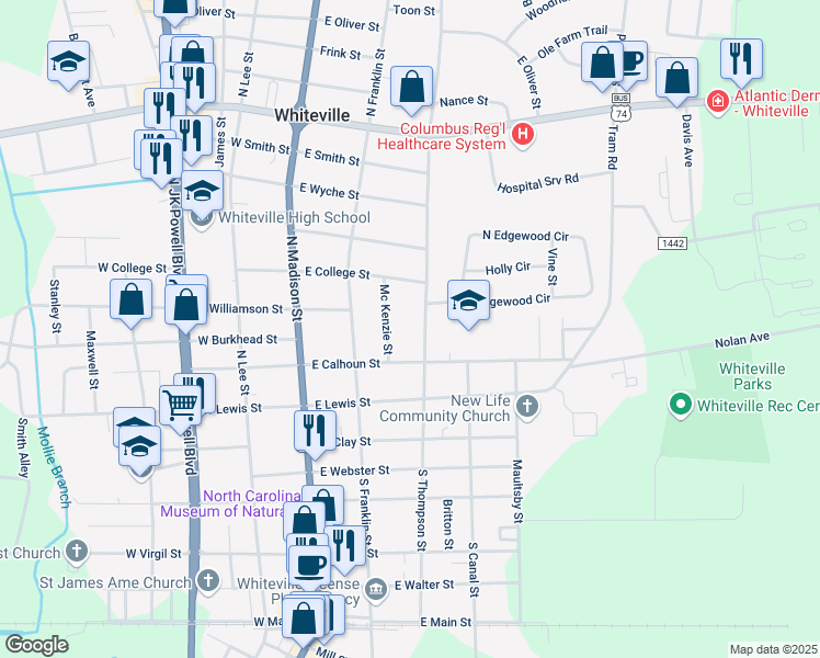 map of restaurants, bars, coffee shops, grocery stores, and more near 219 North Thompson Street in Whiteville