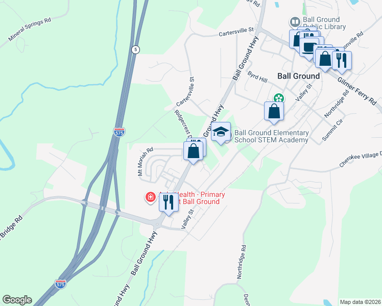 map of restaurants, bars, coffee shops, grocery stores, and more near 178 Mount Moriah Road in Ball Ground