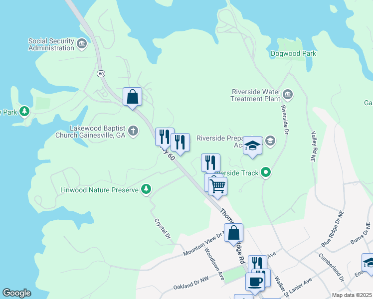 map of restaurants, bars, coffee shops, grocery stores, and more near 2371 Marbleridge Drive in Gainesville