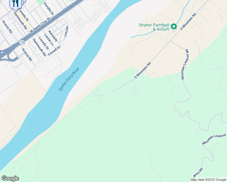 map of restaurants, bars, coffee shops, grocery stores, and more near 15900 South Mountain Road in Santa Paula
