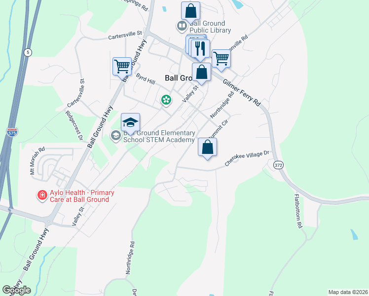 map of restaurants, bars, coffee shops, grocery stores, and more near 245 Northridge Road in Ball Ground