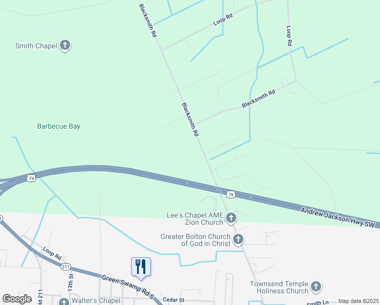 map of restaurants, bars, coffee shops, grocery stores, and more near 1439 Blacksmith Road in Bolton
