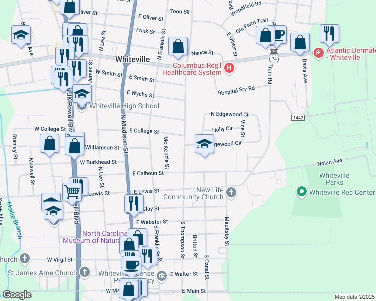 map of restaurants, bars, coffee shops, grocery stores, and more near 219 North Thompson Street in Whiteville