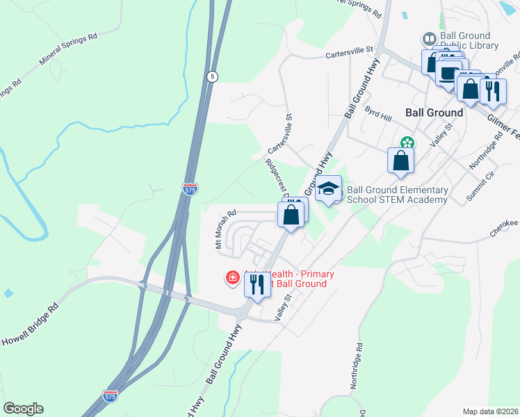 map of restaurants, bars, coffee shops, grocery stores, and more near 183 Mount Moriah Road in Ball Ground
