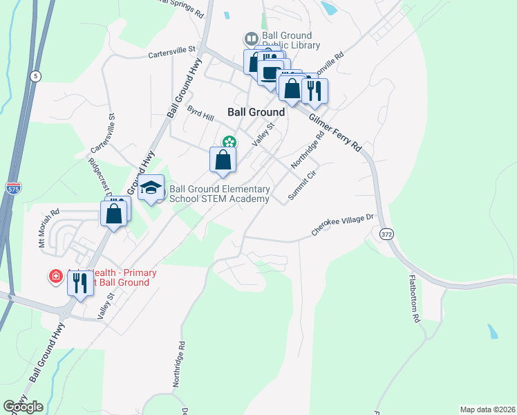 map of restaurants, bars, coffee shops, grocery stores, and more near 245 Northridge Road in Ball Ground