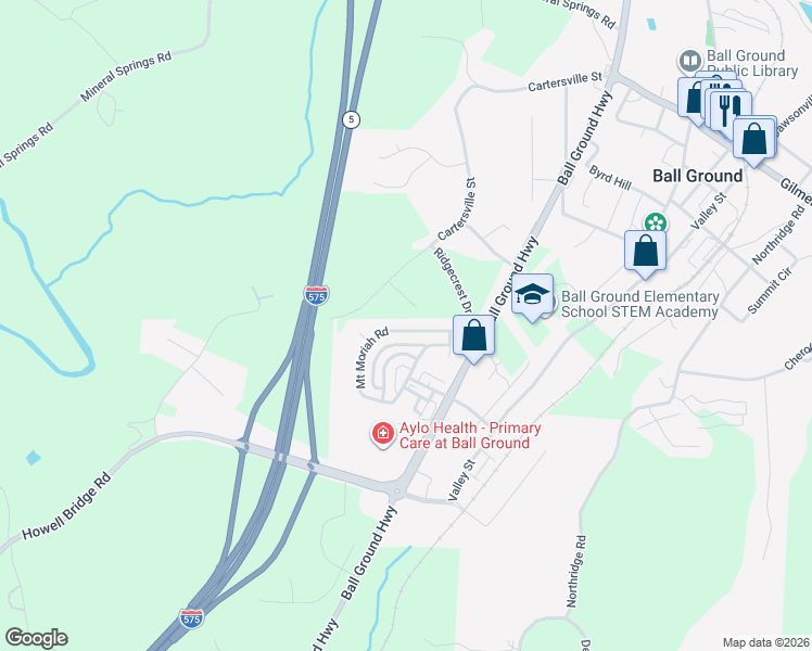 map of restaurants, bars, coffee shops, grocery stores, and more near 177 Mount Moriah Road in Ball Ground