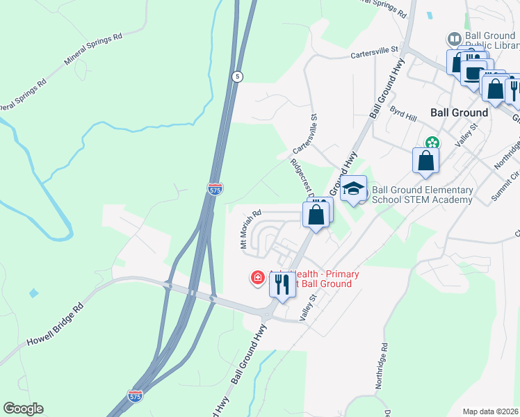 map of restaurants, bars, coffee shops, grocery stores, and more near 169 Mount Moriah Road in Ball Ground