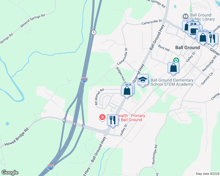 map of restaurants, bars, coffee shops, grocery stores, and more near 179 Mount Moriah Road in Ball Ground