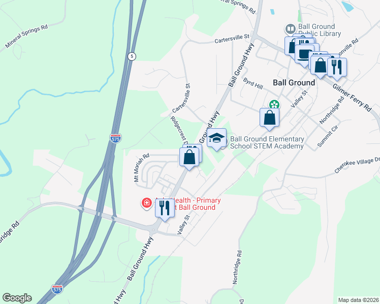 map of restaurants, bars, coffee shops, grocery stores, and more near 178 Mount Moriah Road in Ball Ground