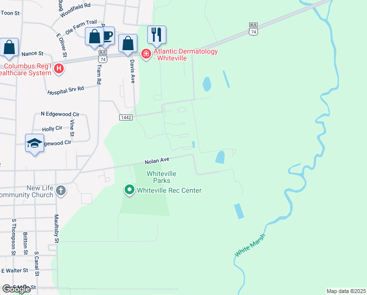 map of restaurants, bars, coffee shops, grocery stores, and more near 801 Nolan Avenue in Whiteville