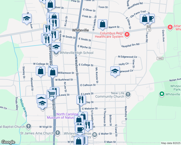 map of restaurants, bars, coffee shops, grocery stores, and more near 300 North Franklin Street in Whiteville