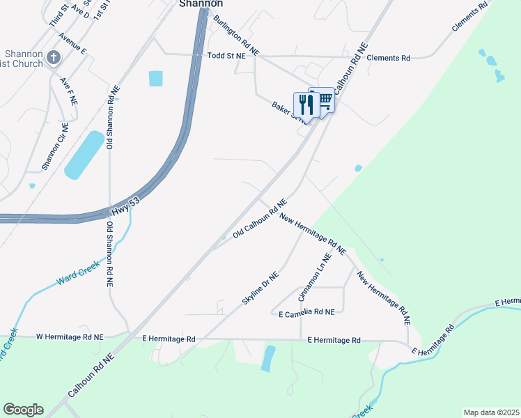 map of restaurants, bars, coffee shops, grocery stores, and more near 134 Old Calhoun Road Northeast in Rome