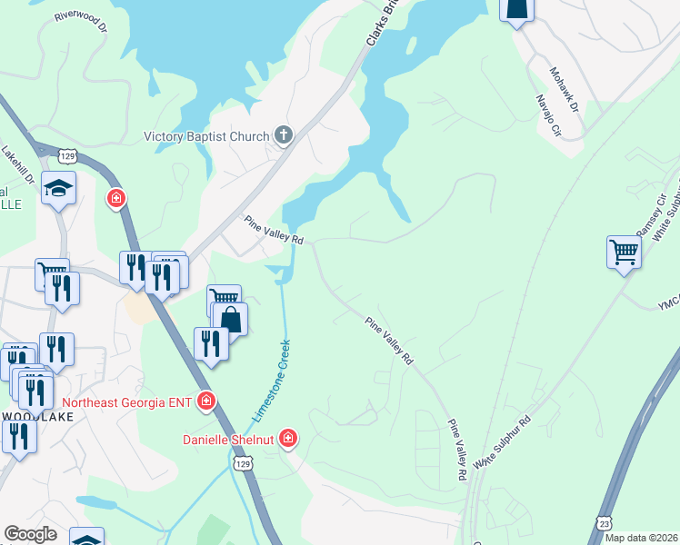 map of restaurants, bars, coffee shops, grocery stores, and more near 1215 Pine Valley Road in Gainesville