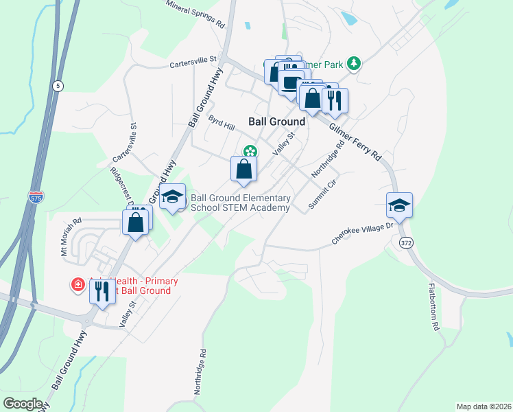 map of restaurants, bars, coffee shops, grocery stores, and more near 260 Valley Street in Ball Ground