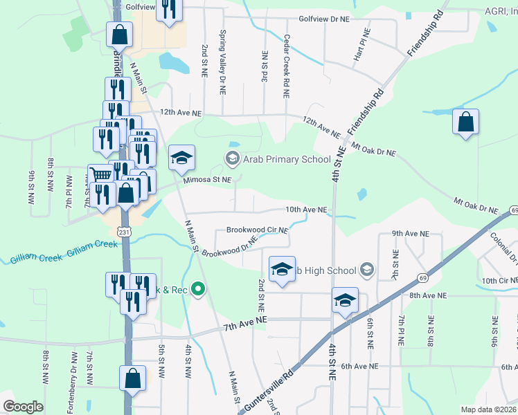 map of restaurants, bars, coffee shops, grocery stores, and more near 205 10th Avenue Northeast in Arab