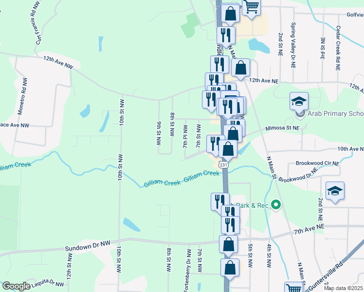 map of restaurants, bars, coffee shops, grocery stores, and more near 1005 7th Place Northwest in Arab