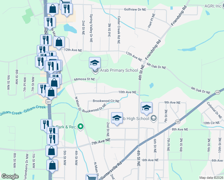 map of restaurants, bars, coffee shops, grocery stores, and more near 205 10th Avenue Northeast in Arab