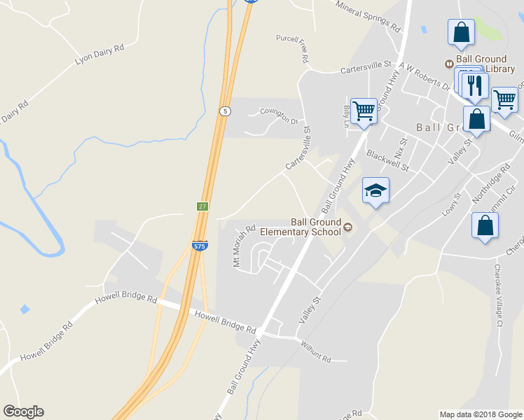 map of restaurants, bars, coffee shops, grocery stores, and more near 1035 Cartersville Street in Ball Ground