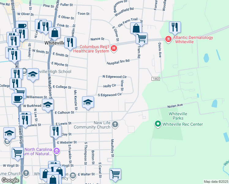 map of restaurants, bars, coffee shops, grocery stores, and more near 435 Edgewood Circle in Whiteville