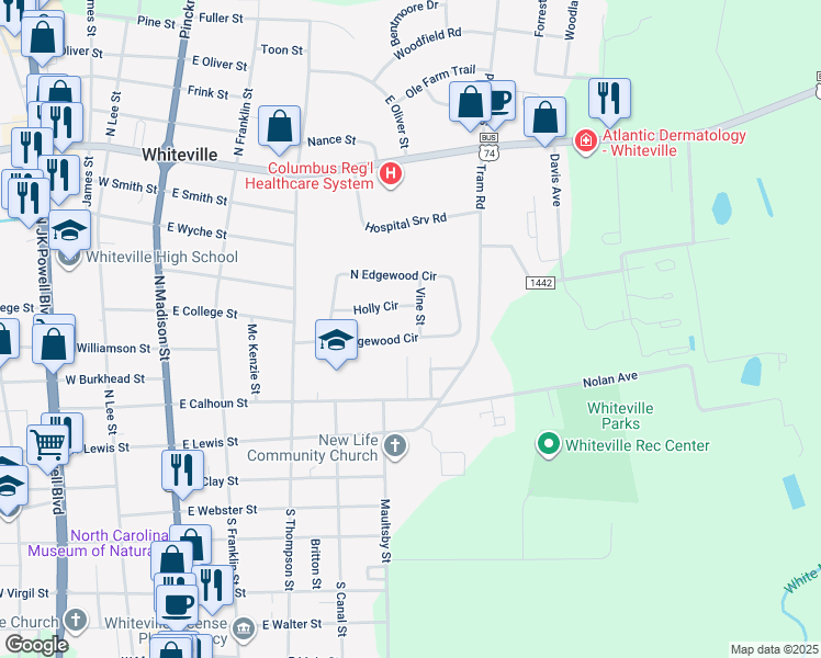 map of restaurants, bars, coffee shops, grocery stores, and more near 435 Edgewood Circle in Whiteville