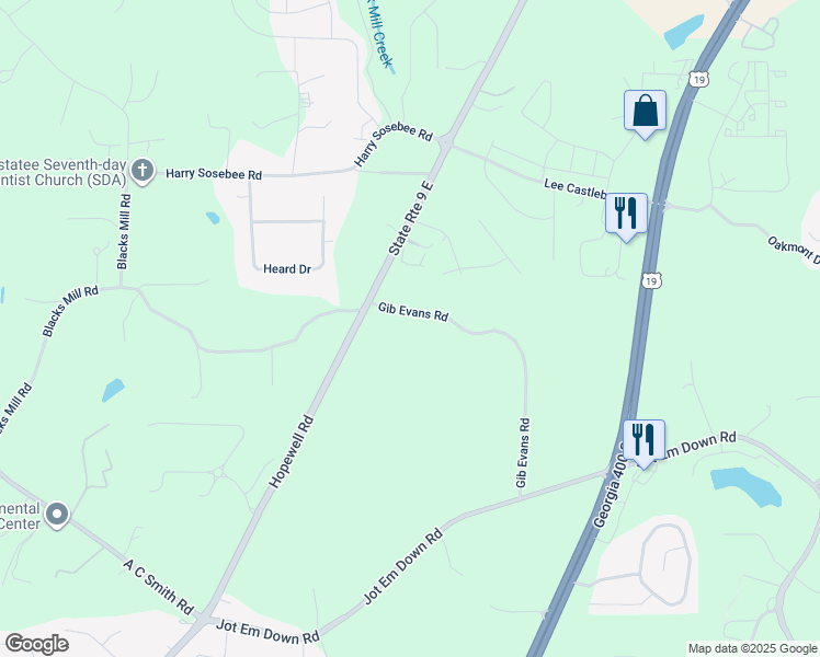 map of restaurants, bars, coffee shops, grocery stores, and more near 8340 Gib Evans Road in Dawsonville