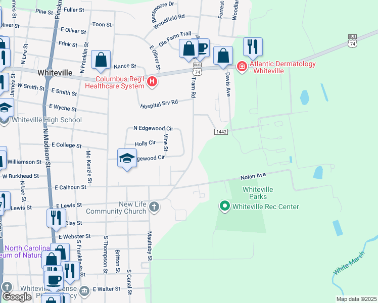 map of restaurants, bars, coffee shops, grocery stores, and more near 522 Edgewood Circle in Whiteville