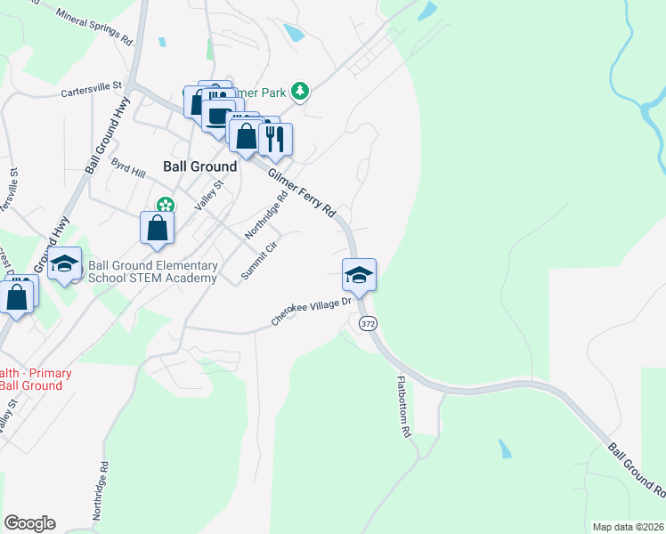 map of restaurants, bars, coffee shops, grocery stores, and more near 104 Holcomb Manor Drive in Ball Ground