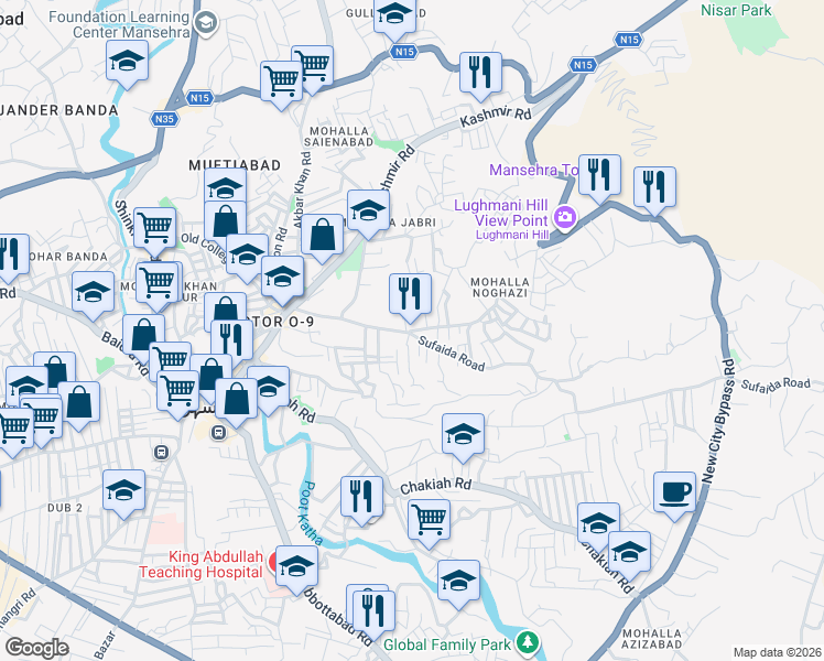 map of restaurants, bars, coffee shops, grocery stores, and more near Nogazi Road in Mansehra