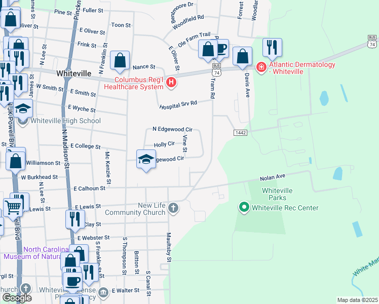 map of restaurants, bars, coffee shops, grocery stores, and more near 503 South Edgewood Circle in Whiteville
