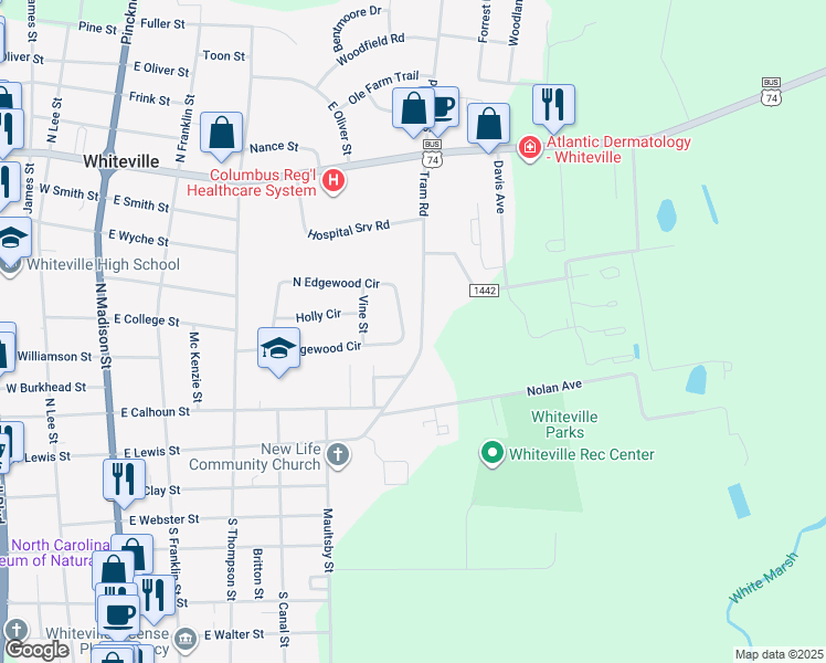 map of restaurants, bars, coffee shops, grocery stores, and more near 522 Edgewood Circle in Whiteville