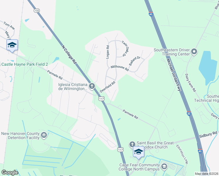 map of restaurants, bars, coffee shops, grocery stores, and more near 104 Deerfield Road in Castle Hayne
