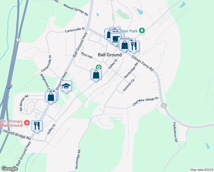 map of restaurants, bars, coffee shops, grocery stores, and more near 235 Lowry Street in Ball Ground