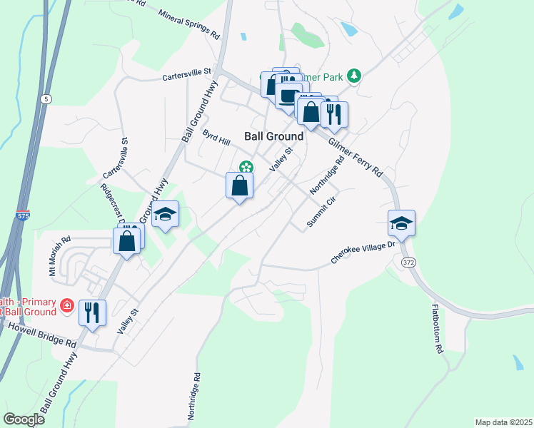 map of restaurants, bars, coffee shops, grocery stores, and more near 235 Lowry Street in Ball Ground