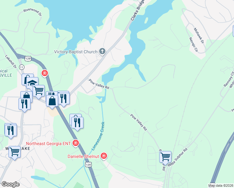 map of restaurants, bars, coffee shops, grocery stores, and more near 1215 Pine Valley Road in Gainesville