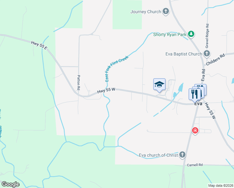map of restaurants, bars, coffee shops, grocery stores, and more near 4157 Highway 55 West in Eva