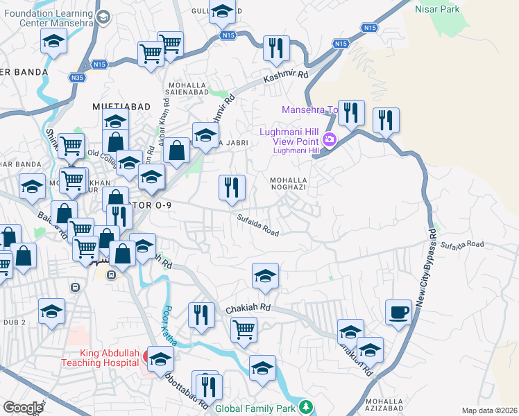 map of restaurants, bars, coffee shops, grocery stores, and more near Nogazi Road in Mansehra