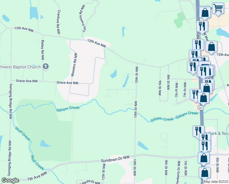 map of restaurants, bars, coffee shops, grocery stores, and more near 1001 Huntington Cir NW in Arab