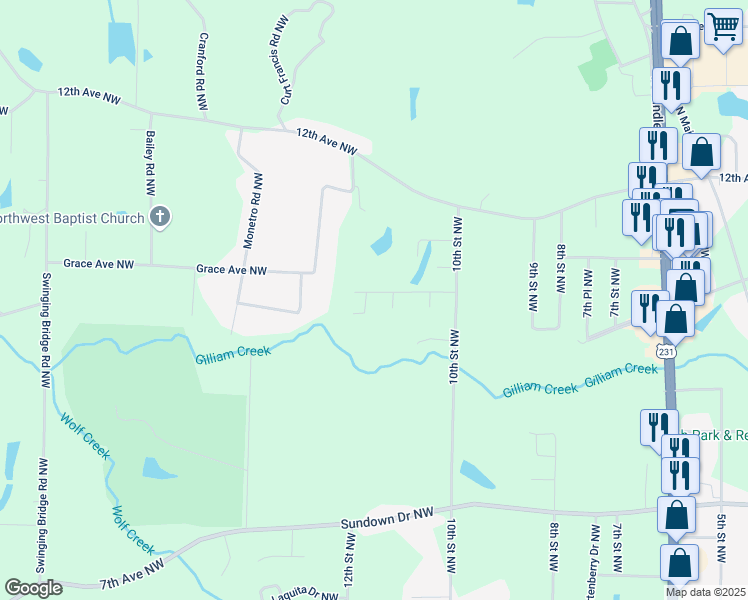 map of restaurants, bars, coffee shops, grocery stores, and more near 1001 Huntington Circle Northwest in Arab