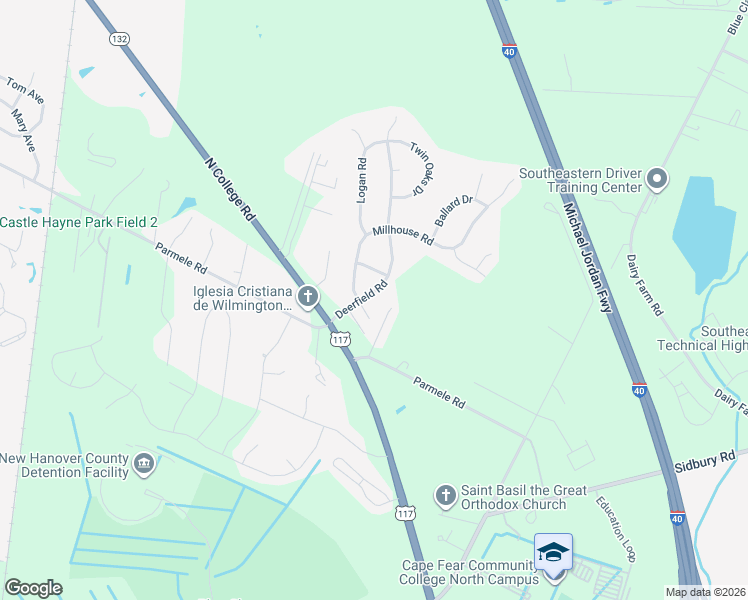 map of restaurants, bars, coffee shops, grocery stores, and more near 104 Deerfield Road in Castle Hayne